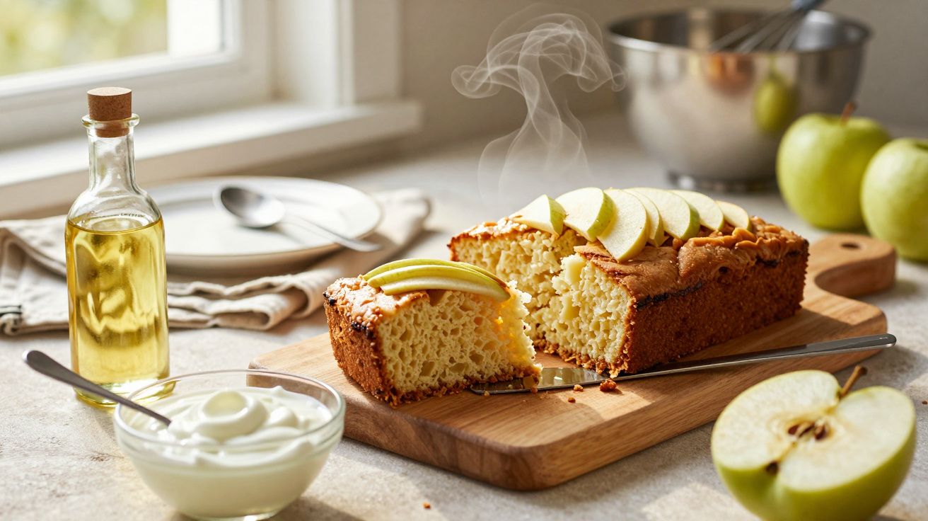 Verse appelcake op houten plank met stoom, yoghurt, olijfolie en appels op achtergrond bij raam in zonlicht.