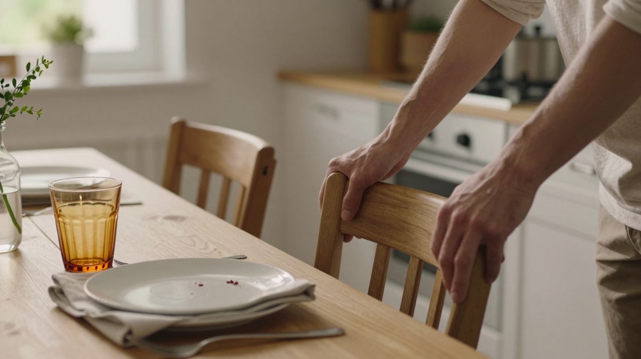Persoon dekt houten tafel met borden, glazen en bestek in een lichte keuken.