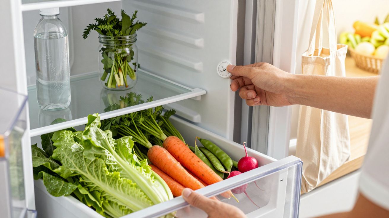 Koelkast met verse groenten zoals sla, wortels en radijs. Hand stelt temperatuurregeling in.