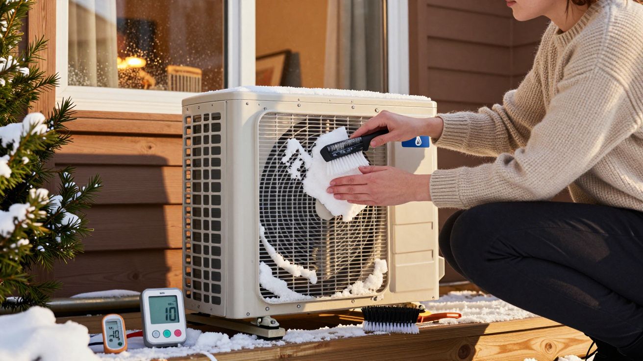 Persoon verwijdert sneeuw van airconditioningunit op houten plank, met zichtbare temperatuurmeters en raam op achtergrond.