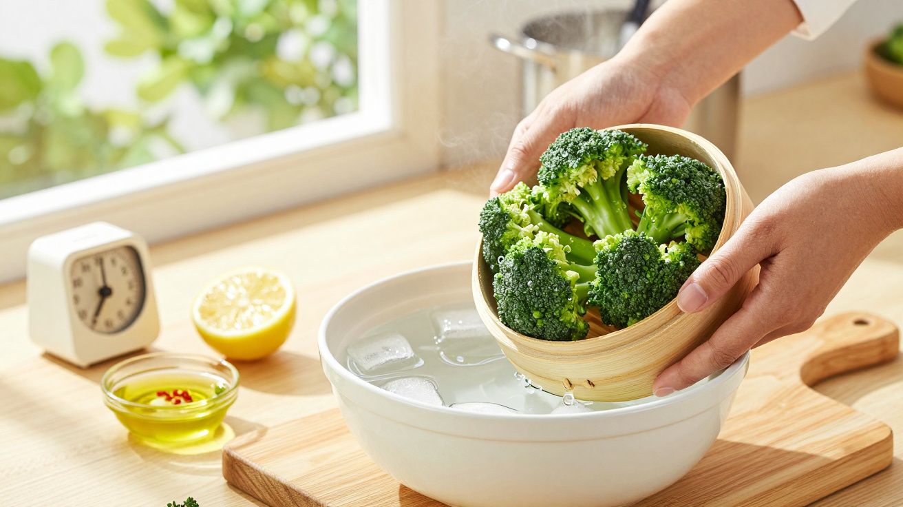Handen houden een stoommandje met broccoli boven een kom ijswater op een houten aanrecht bij een raam.