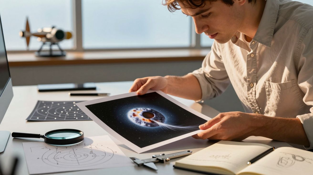 Man onderzoekt een afdruk van een kosmische afbeelding aan een bureau met tekeningen, een vergrootglas en tekengerei.