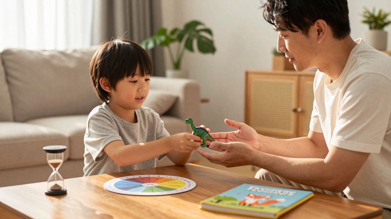 Vader en zoon spelen met speelgoeddinosaurus aan tafel in een woonkamer, naast een zandloper en een kinderboek.