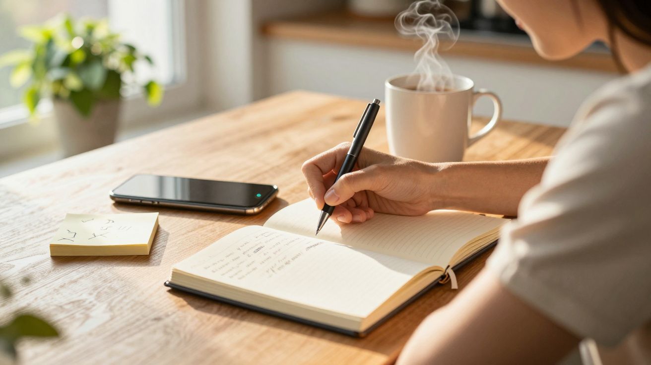 Vrouw schrijft in een notitieboekje met pen, naast een kopje dampende koffie en een smartphone op tafel.