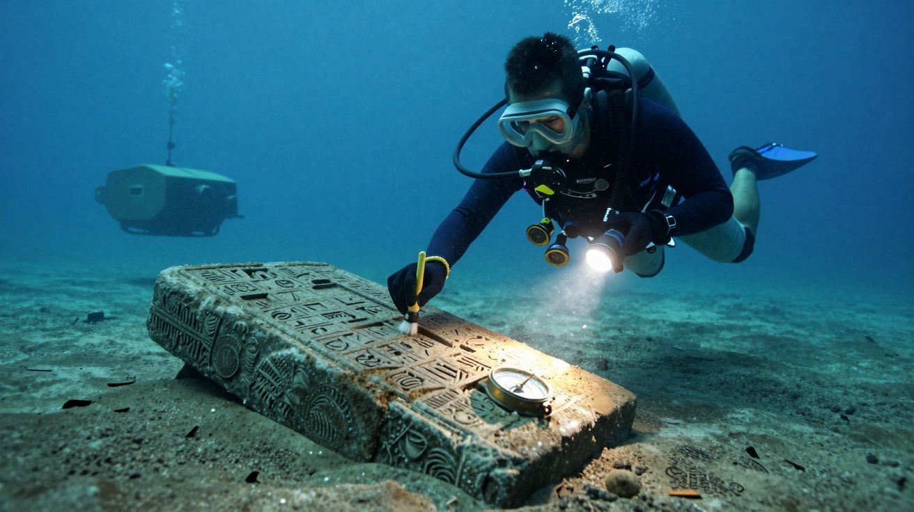 Duiker onderzoekt onderwater een oude stenen tablet met inscripties, verlicht door een zaklamp in heldere oceaanwater.