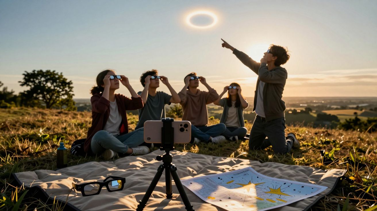 Een groep mensen kijkt naar een zonne-eclips op een heuvel, met zonnebrillen op. Er ligt een kaart en telefoon op een deken.