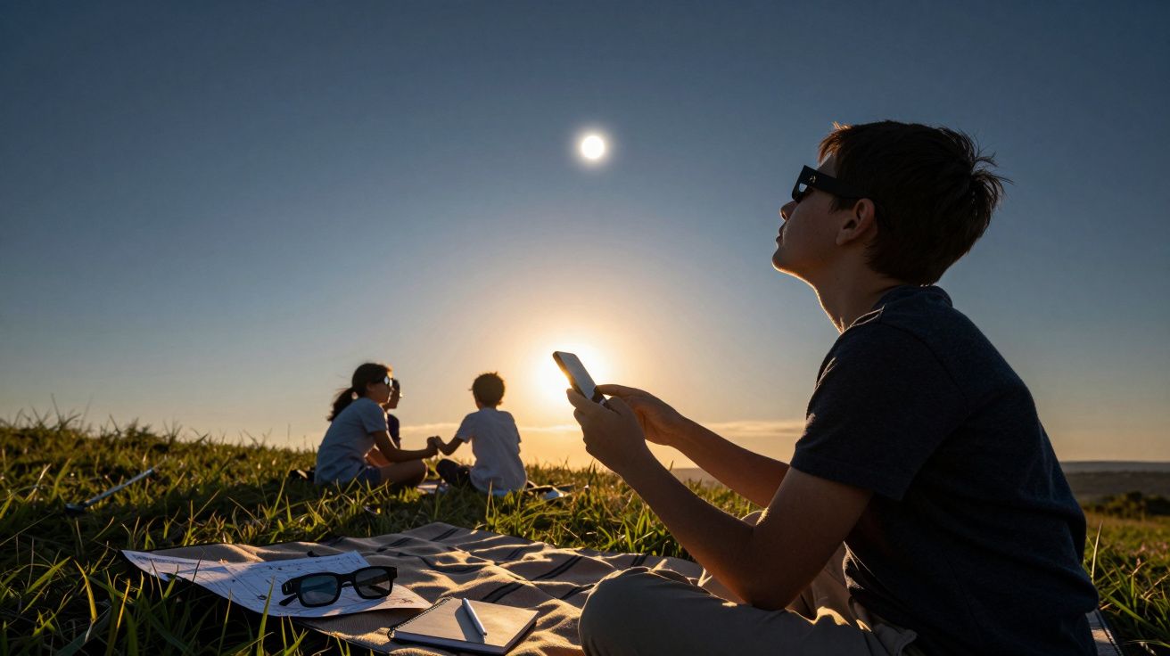Drie kinderen kijken naar een zonsverduistering in een veld, dragen zonnebrillen en zitten op een kleed met telefoon en boekj