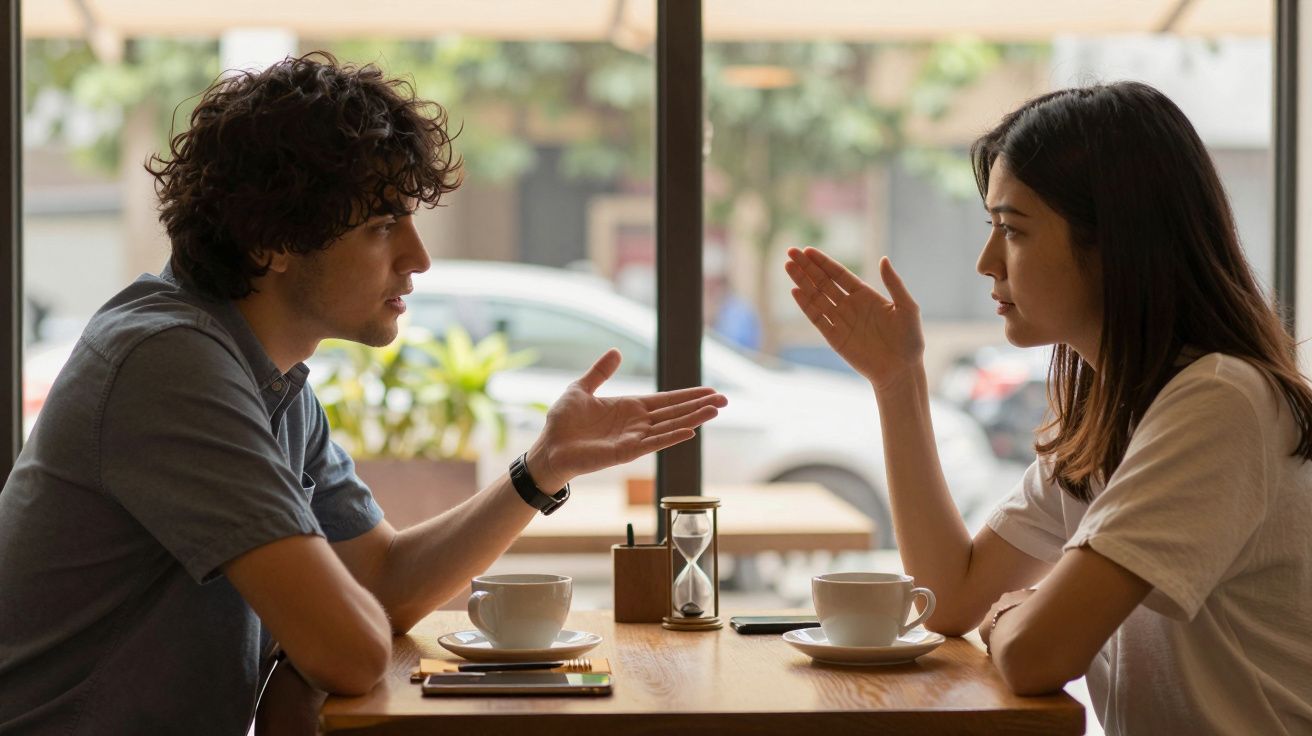 Een man en vrouw zitten tegenover elkaar in een café, druk in gesprek met koffiekopjes op tafel.
