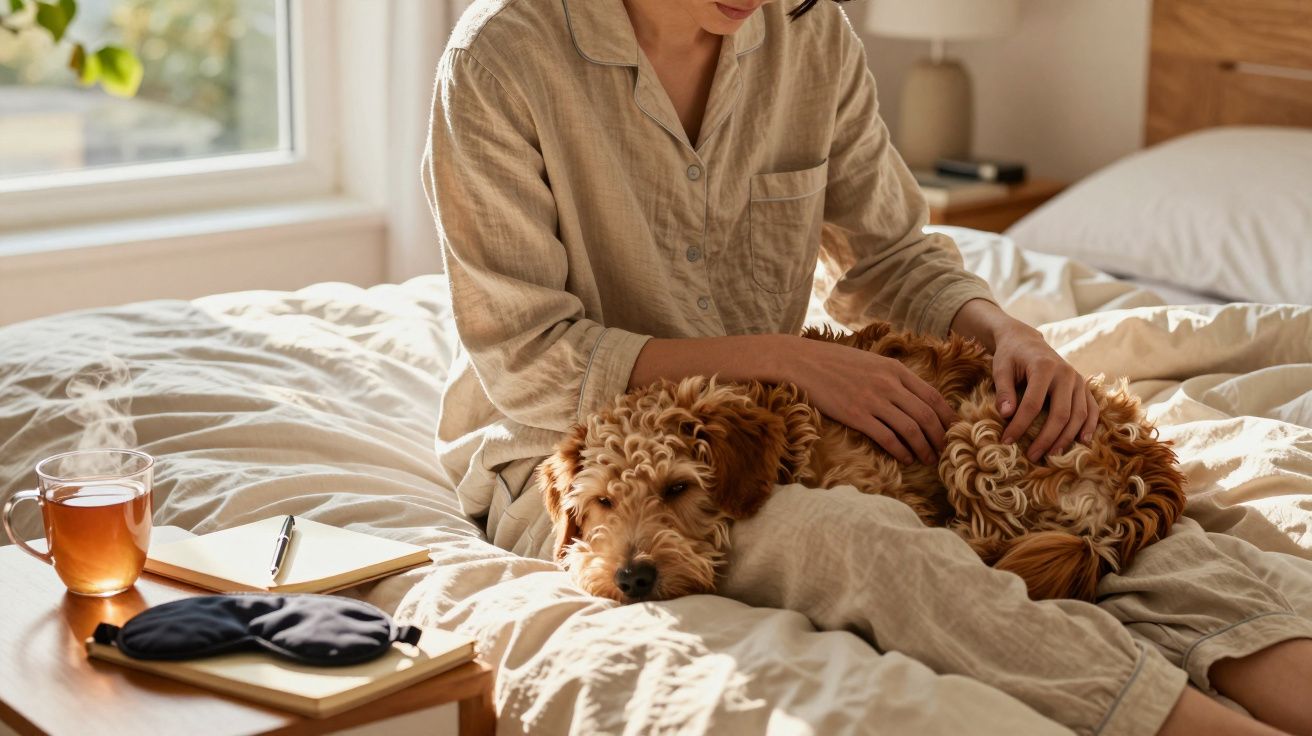 Persoon in pyjama aait een goudkleurige hond op een bed naast een kop thee en notitieboekje op een nachtkastje.