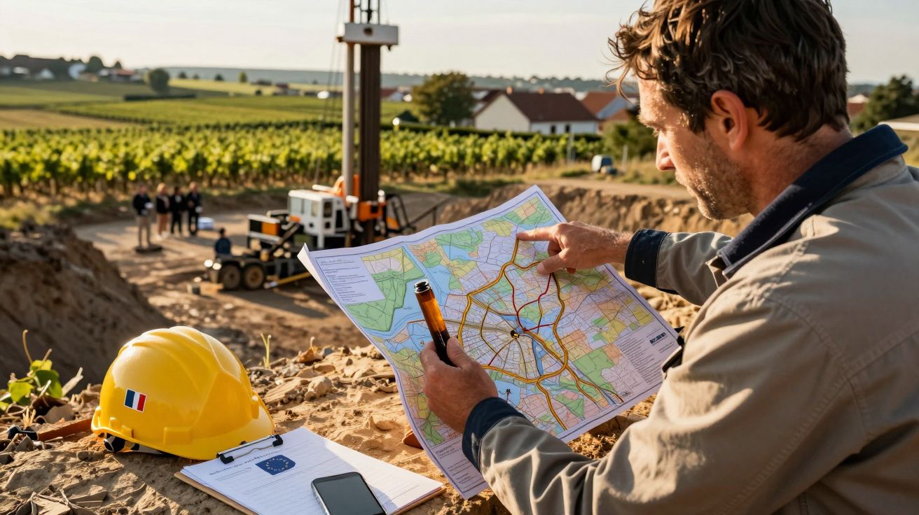 Man bekijkt een kaart op een bouwplaats met een gele helm en clipboard op de voorgrond. In de verte is een graafmachine.
