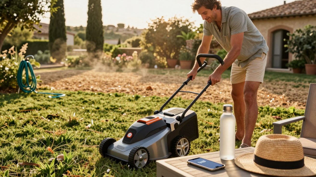 Man maait gras met grasmaaier op zonnige dag, waterfles en hoed op tafel in tuin.
