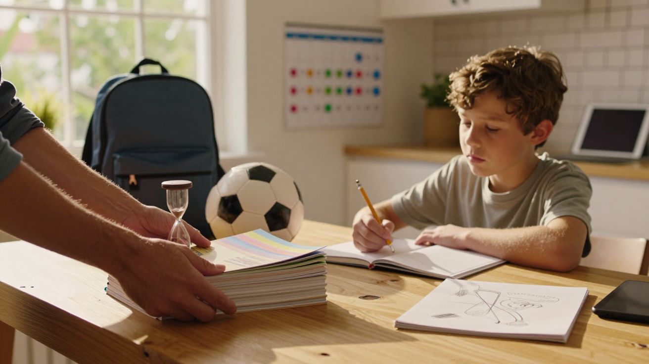 Jongen maakt huiswerk aan tafel, omringd door schoolspullen en een voetbal, terwijl een volwassene een zandloper plaatst.