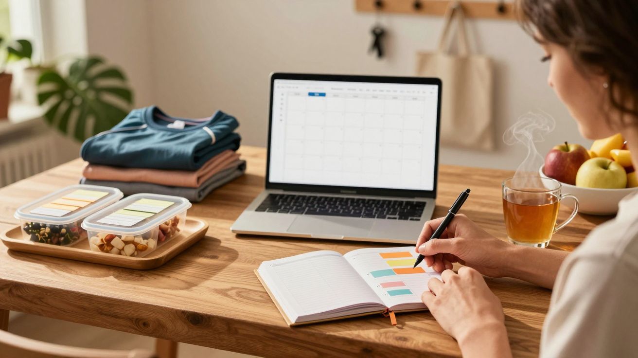 Vrouw notities makend aan bureau met laptop, thee, notitieboek en snacks, voorbereidend met kalender op scherm.