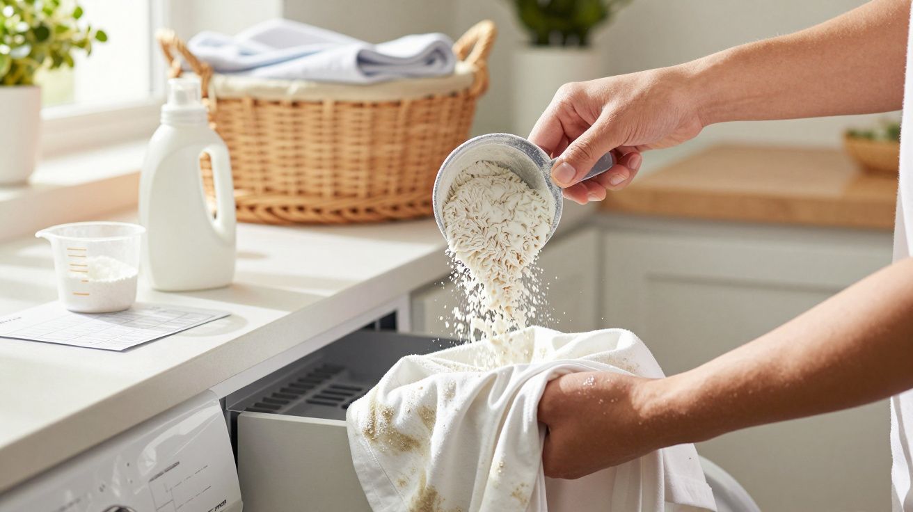 Een persoon doseert waspoeder op een witte doek bij een wasmachine in een heldere wasruimte.