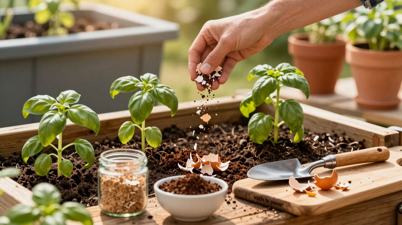 Hand strooit eierschalen en koffie over grond met basilicumplanten in een verhoogde bak, met potten op de achtergrond.