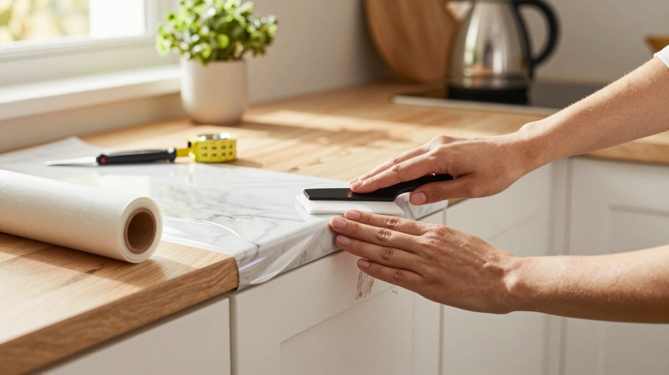 Handen brengen een marmeren sticker aan op een keukenblad, met een liniaal en meetlint op de achtergrond.
