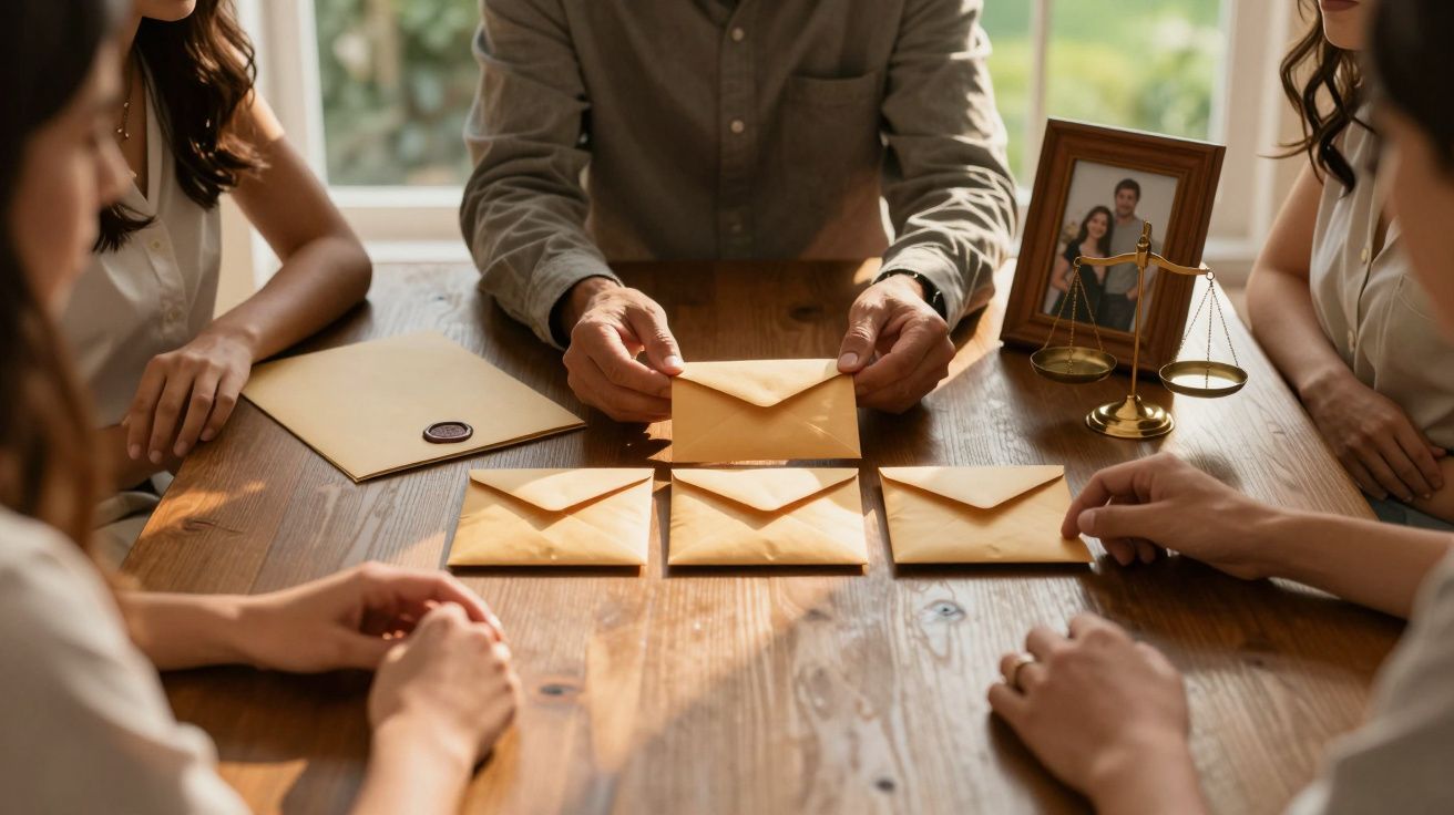 Vier mensen aan tafel met enveloppen en een foto in een lijst, bij lichtinval door een raam op de achtergrond.