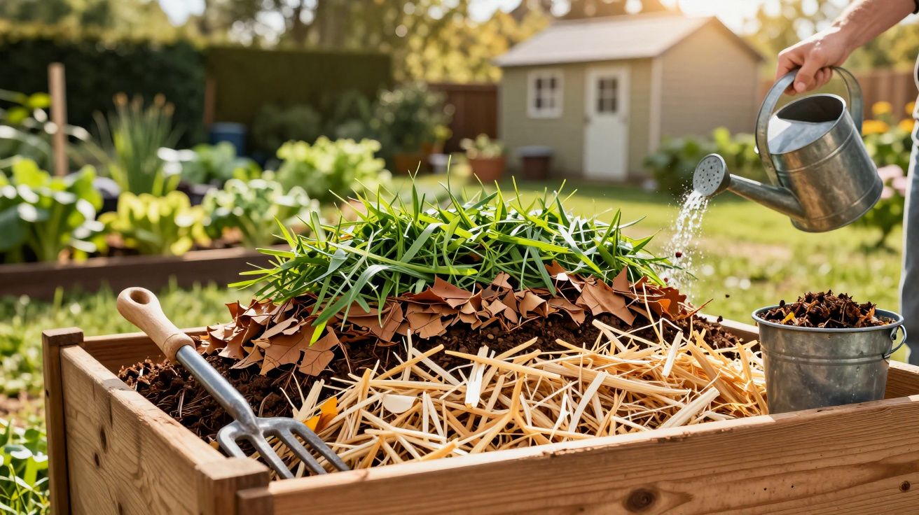 Tuinbak met compostmateriaal en een gieter die water toevoegt, omringd door een groene tuin en schuur op de achtergrond.