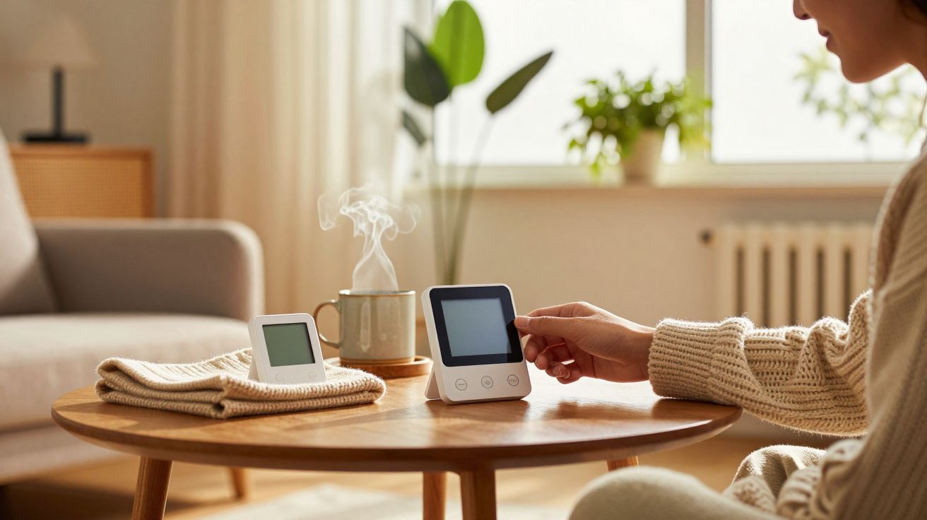 Persoon bedient slim apparaat op houten tafel naast planten en kussen in zonnige woonkamer.