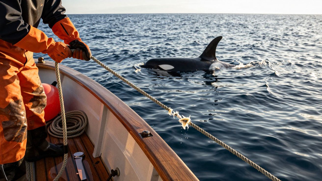 Persoon in oranje kleding op boot houdt touw vast, terwijl een orka in de rustige zee naast de boot zwemt.