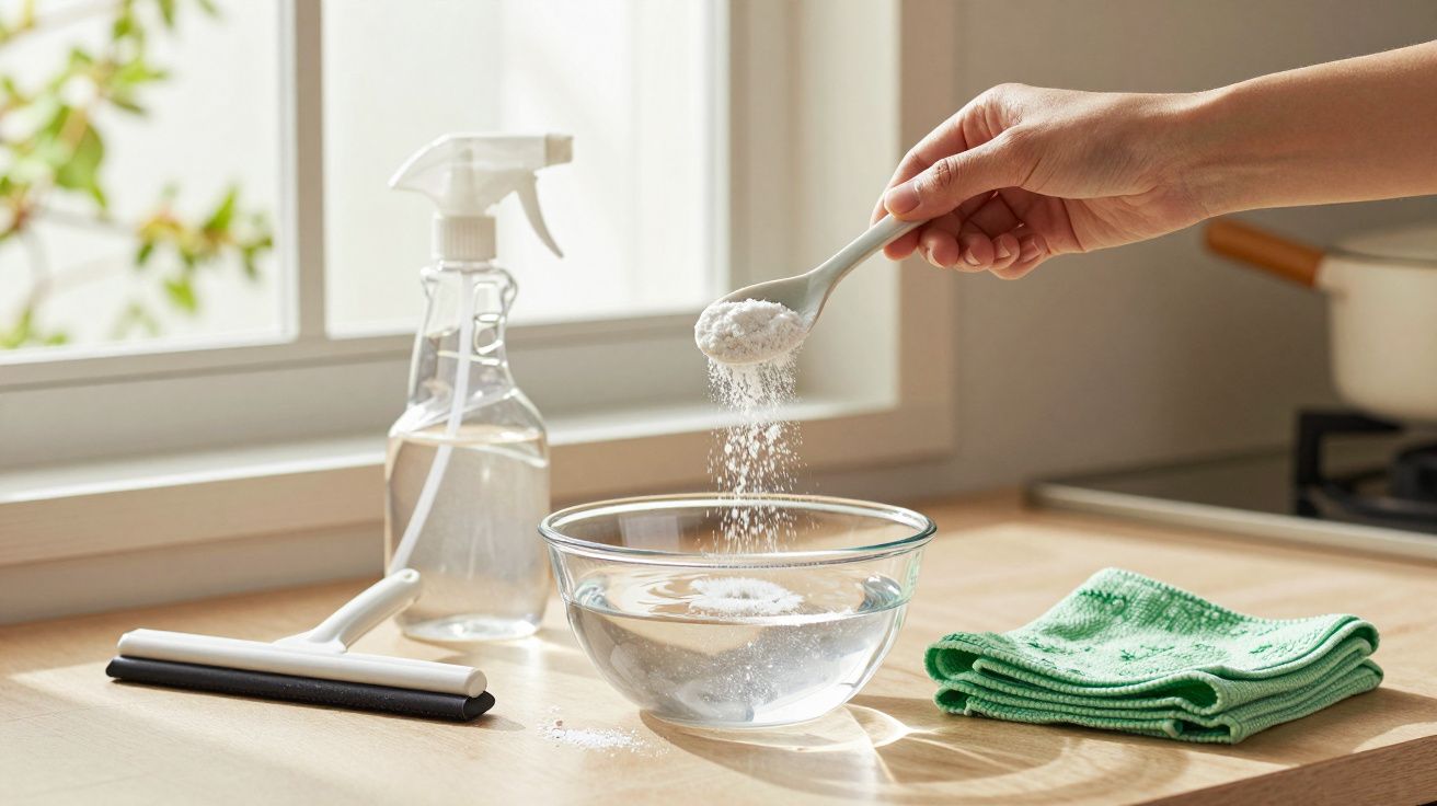 Hand strooit poeder in glazen kom naast plantenspuit en groene doekjes op aanrechtblad bij raam.