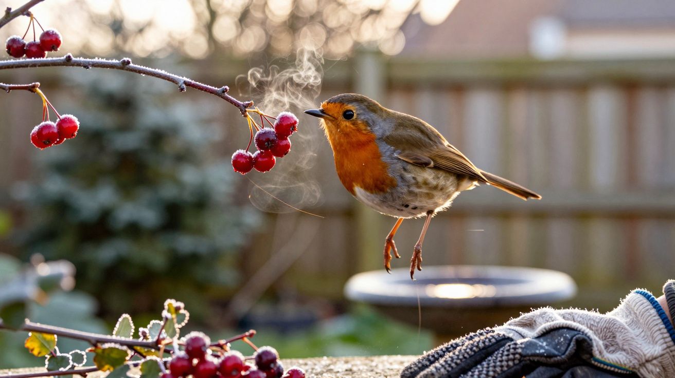 Roodborstje zweeft bij bevroren bessen in een wintertuin, met een dampwolk bij de snavel zichtbaar.