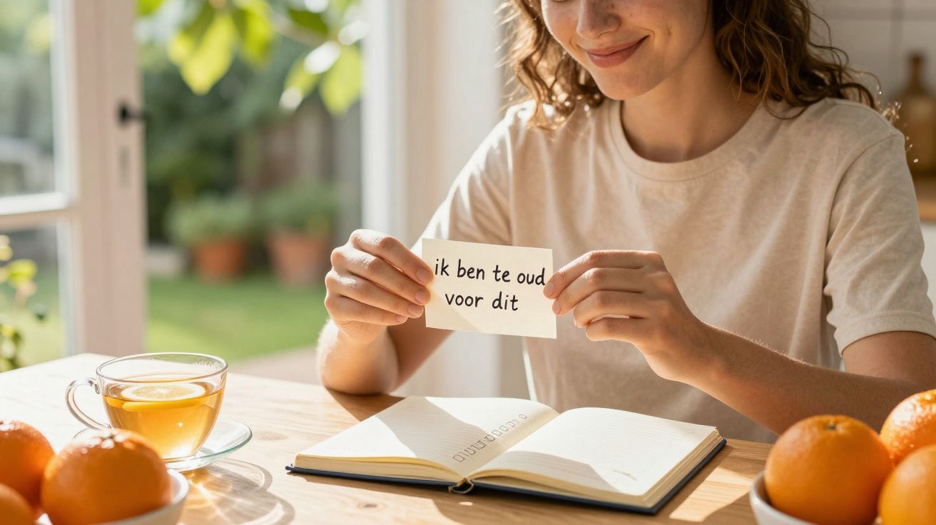 Vrouw houdt kaartje met tekst "ik ben te oud voor dit" bij open notitieboek en sinaasappels op tafel.