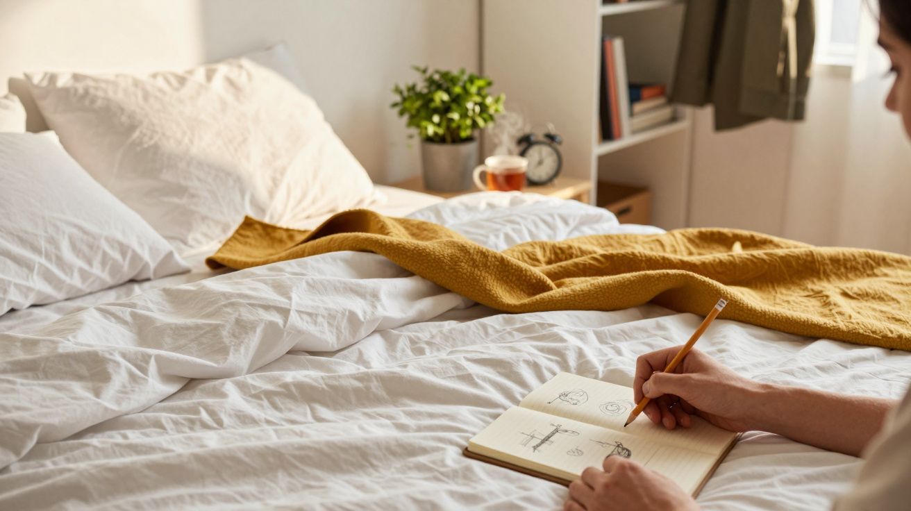 Persoon tekent in notitieboekje op bed met witte lakens en gele deken, plant en wekker op achtergrond.
