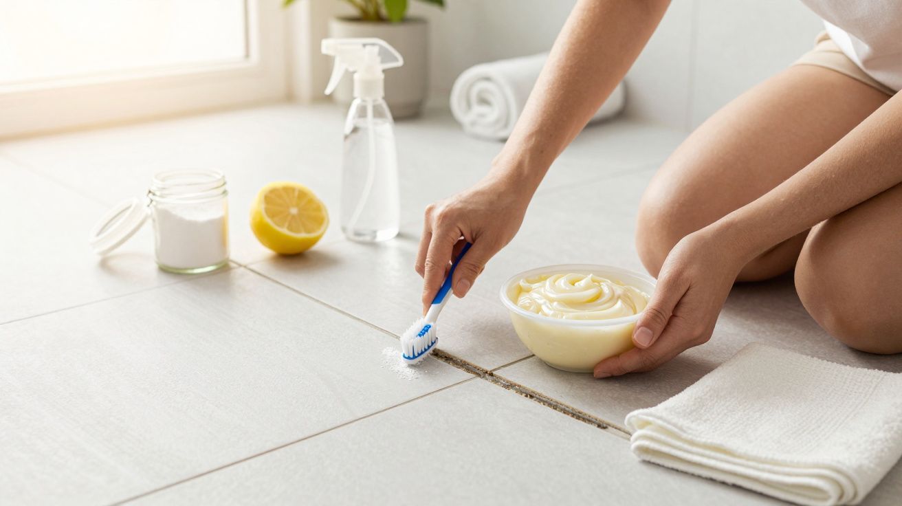 Persoon reinigt tegelvoegen met een tandenborstel en natuurlijke schoonmaakmiddelen in een badkamer.