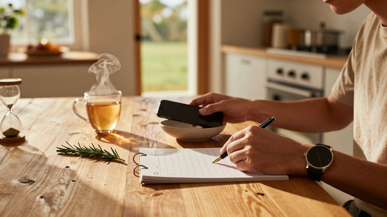 Persoon schrijft in notitieboekje aan houten tafel met theekopje, zandloper en telefoon in natuurlijke keukenomgeving.