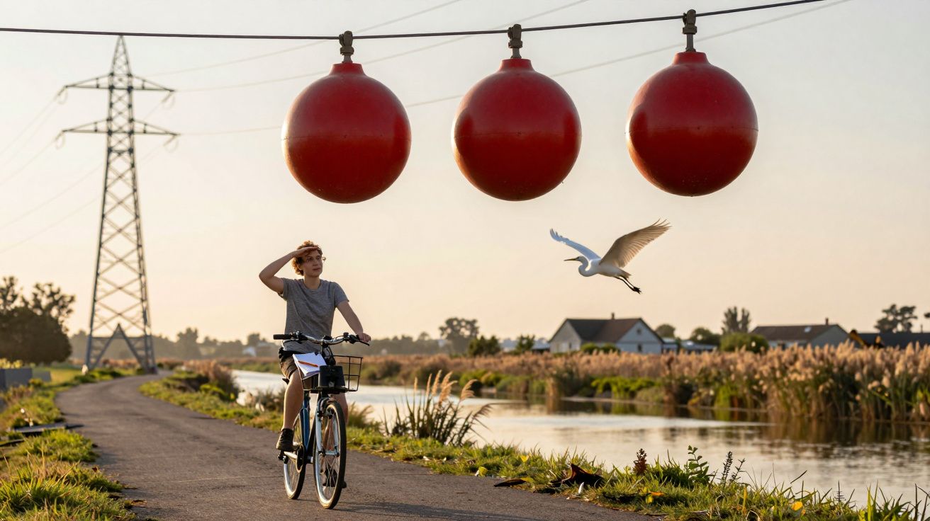 Fietser op landweg langs kanaal, kijkt naar grote rode bollen en vliegende reiger tegen zonnige, landelijke achtergrond.
