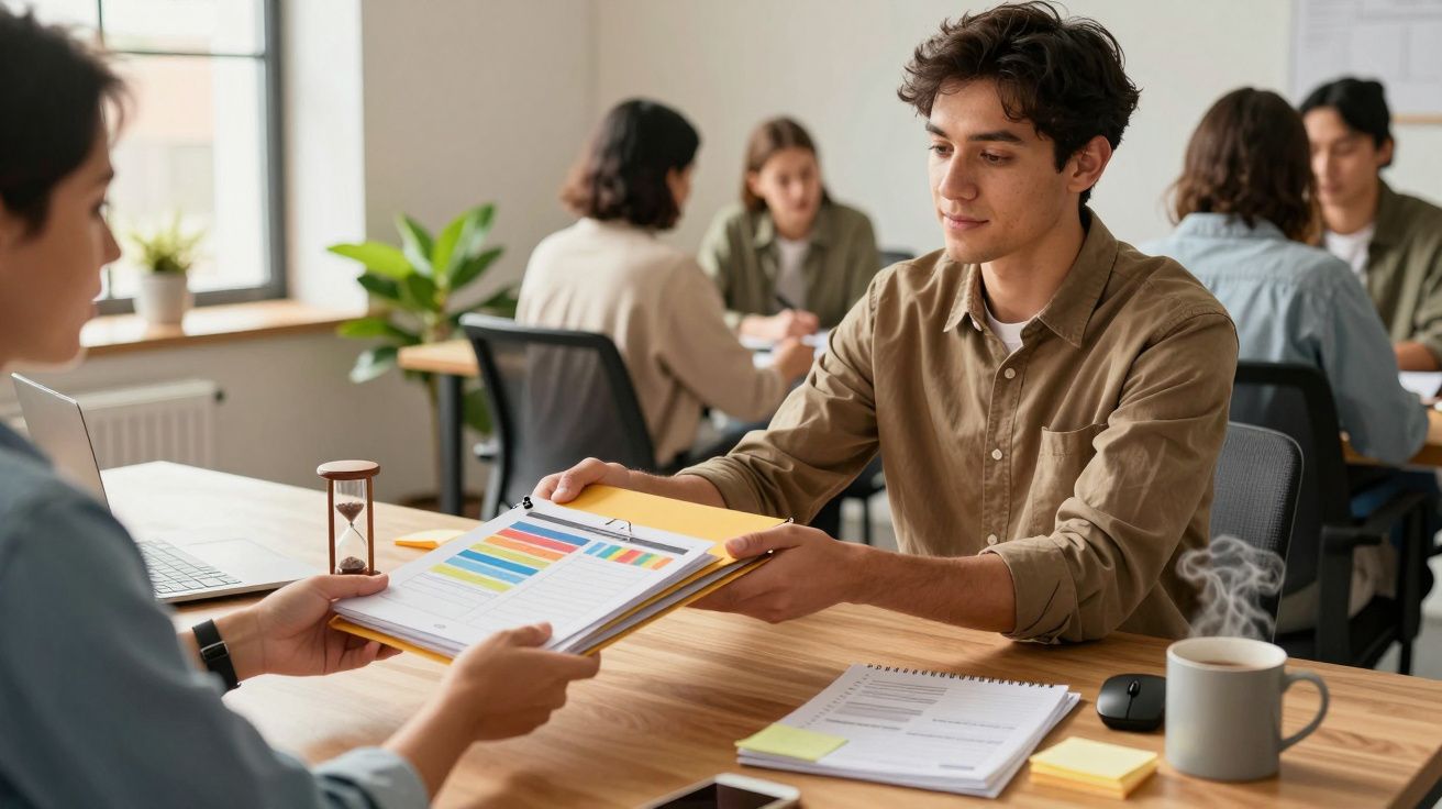 Man ontvangt documenten in kantooromgeving, met koffiemok en papieren op tafel. Andere mensen werken op achtergrond.
