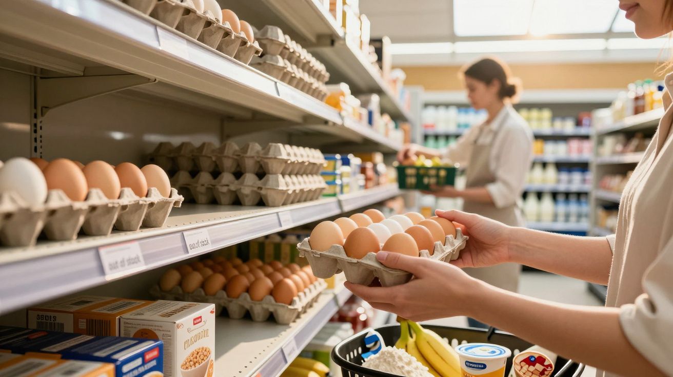 Een klant kiest eieren uit een rek in een supermarkt, terwijl een andere persoon verderop boodschappen doet.