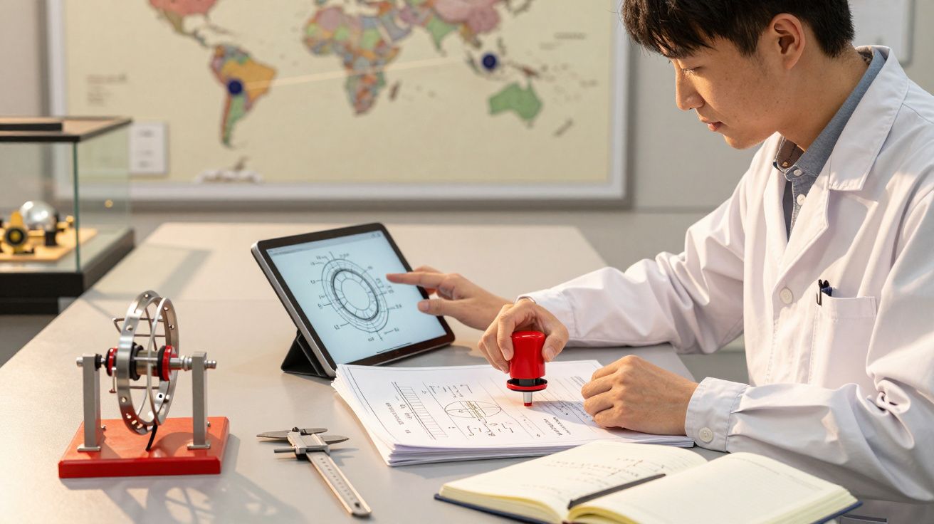 Wetenschapper in laboratoriumjas bekijkt een tablet en stempelt documenten naast een model en gereedschap.