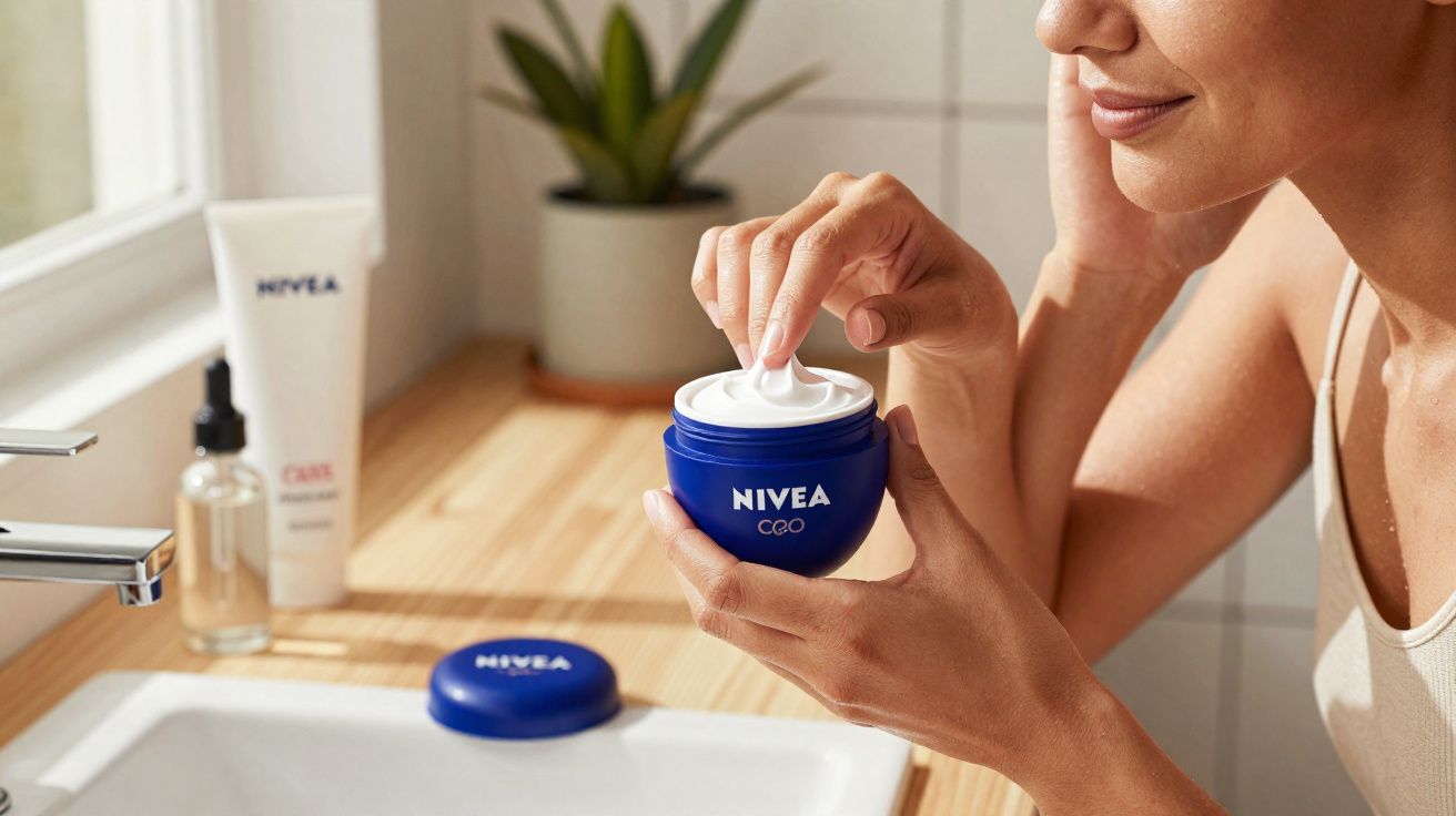 Vrouw die Nivea gezichtscrème uit een blauwe pot op haar vinger neemt in een badkamer bij het lavabo.