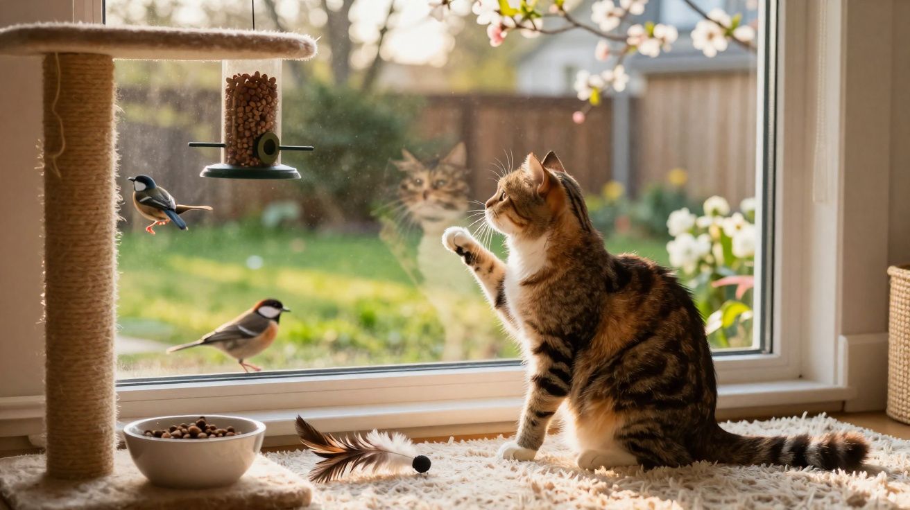 Kat kijkt naar twee vogeltjes bij het raam met een vogelvoeder en kattenspeelgoed binnen.