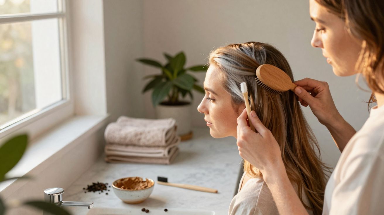 Vrouw kamt haar blonde haar terwijl ze naast een raam zit met badkameraccessoires op de achtergrond.