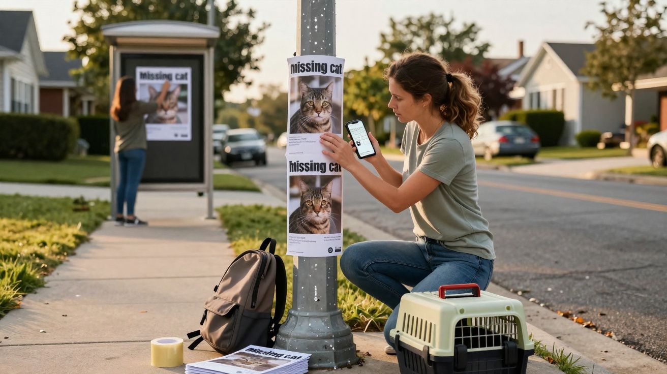 Vrouw hangt posters van een vermiste kat op aan een lantarenpaal in een woonwijk bij zonsondergang.