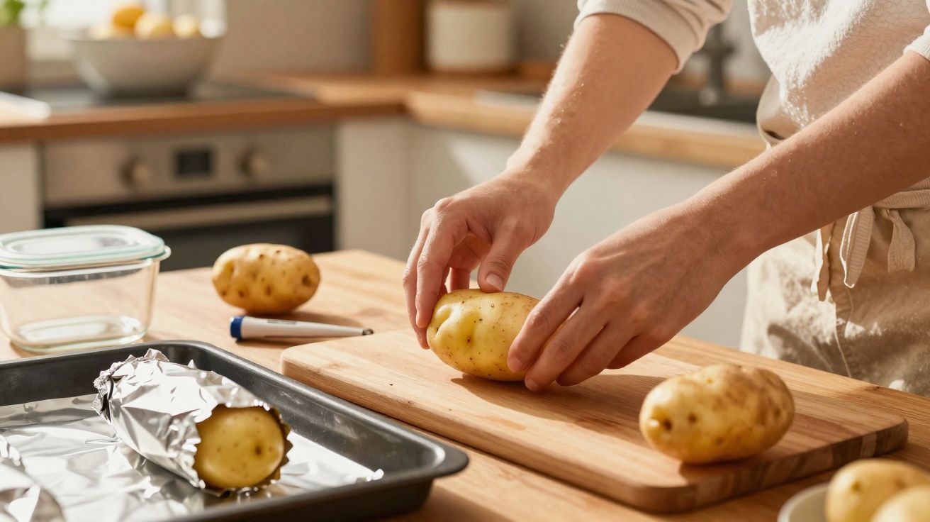 Handen die een aardappel op een houten snijplank leggen in een keuken met bakplaat en aluminiumfolie.