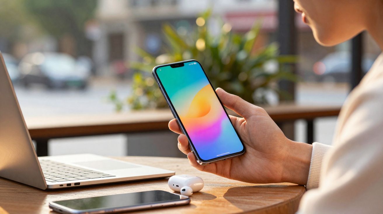 Persoon die smartphone vasthoudt aan houten tafel met laptop, oordopjes en tweede telefoon in caféomgeving.