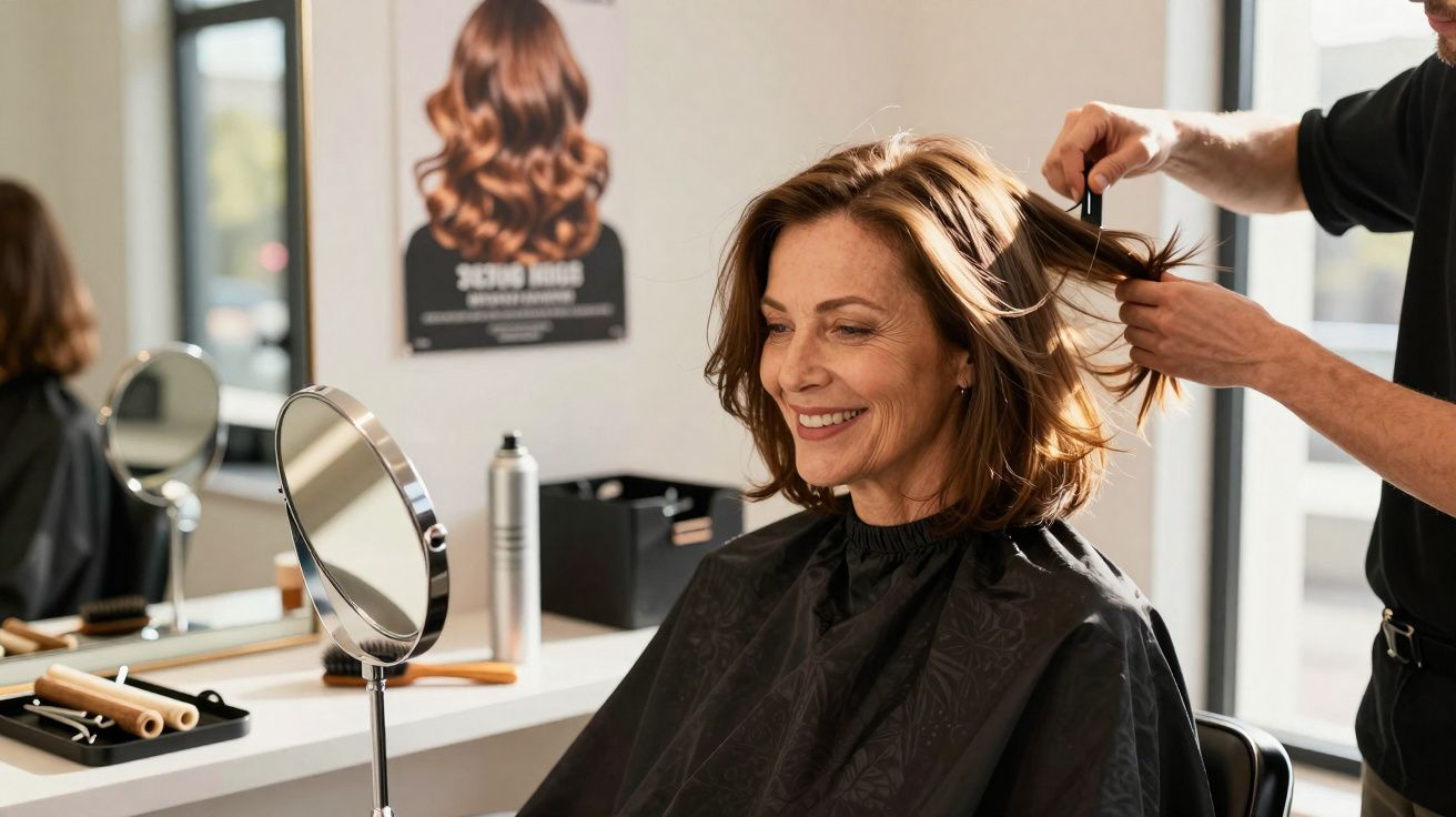 Vrouw met middellang haar die glimlacht in spiegel terwijl kapper haar haar knipt in een salon.