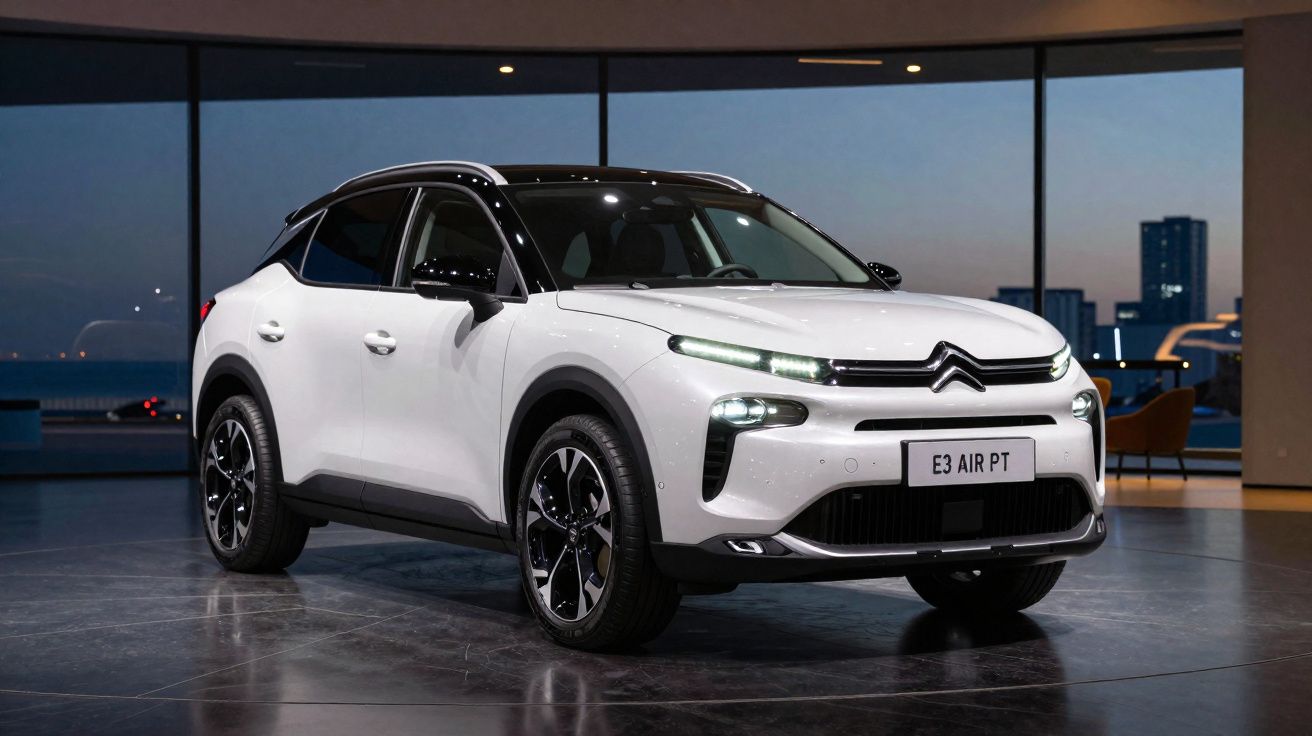 Witte Citroën E3 Air PT elektrische SUV met zwarte accenten, binnen in moderne showroom bij avondlicht.