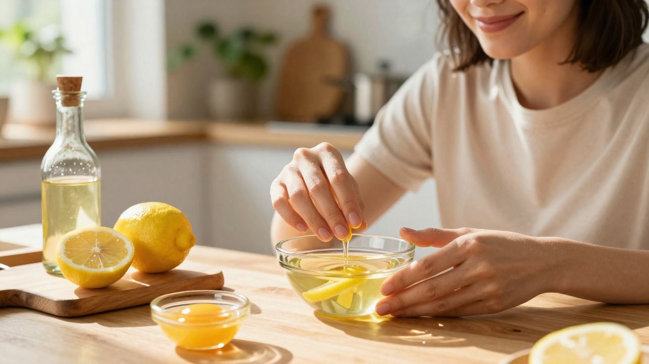 Vrouw die citroenschijfjes in een kom met water doet, met citroenen en honing op houten tafel in keuken.