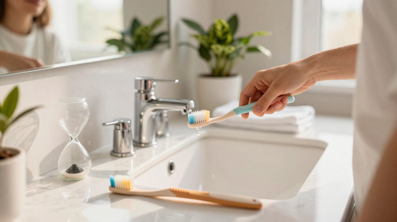 Hand die een tandenborstel met waterdruppel boven een wastafel vasthoudt, twee tandenborstels op het aanrecht.
