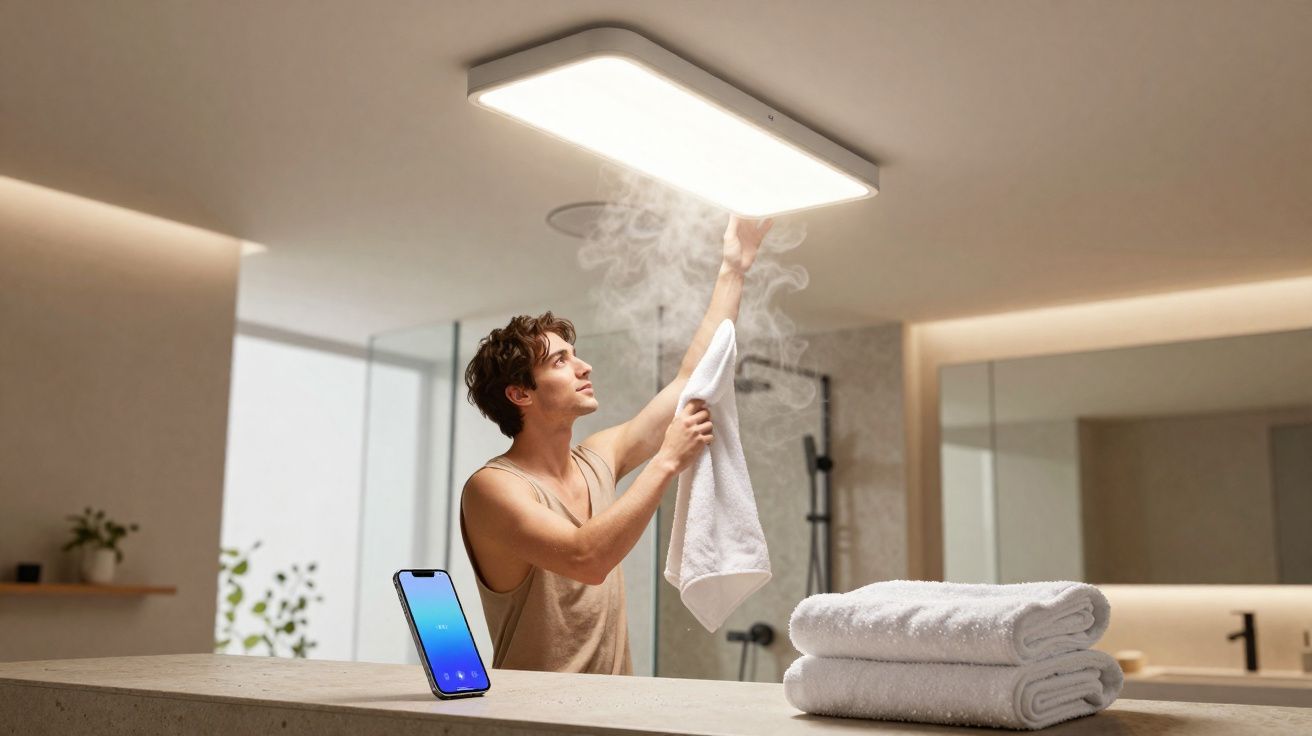 Man droogt vochtige handdoek aan verwarmde plafondlamp in moderne badkamer met stapel droge handdoeken en smartphone.