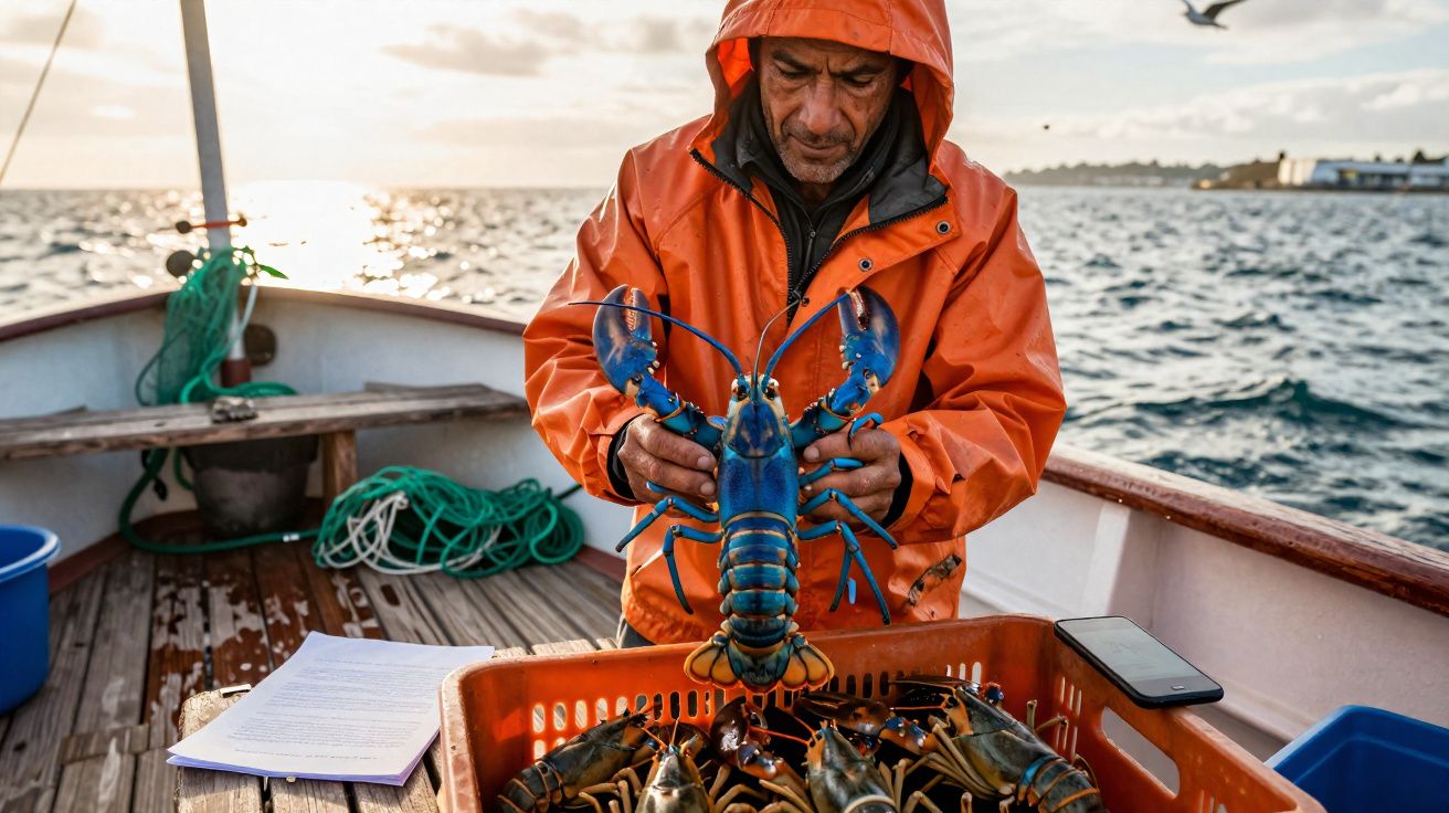 Visser in oranje regenjas houdt een grote levende kreeft op een vissersboot bij zonsondergang.