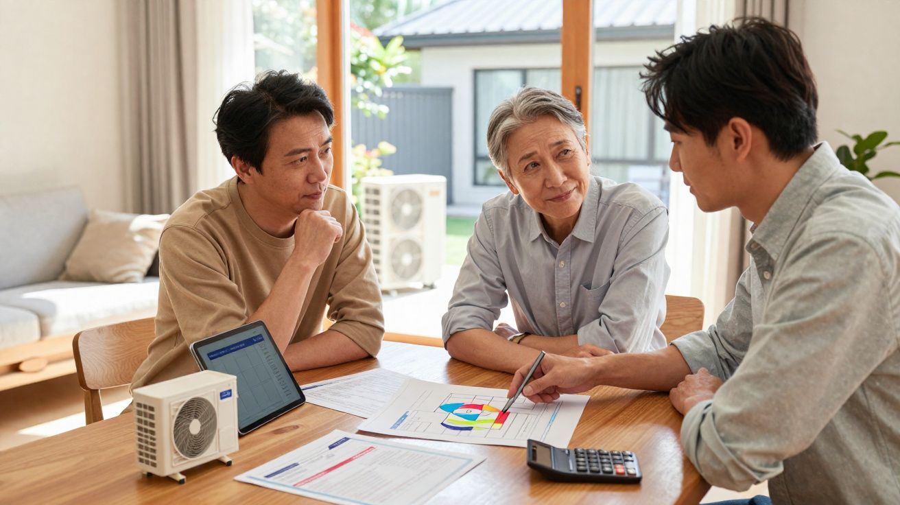 Drie mannen bespreken energiebesparing met grafieken, rekenmachine en model van airconditioningsunit aan tafel.