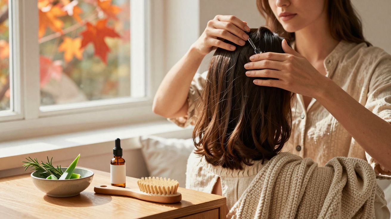 Vrouw brengt haarserum aan op haar hoofdhuid in een zonnige ruimte met herfstbladeren buiten het raam.