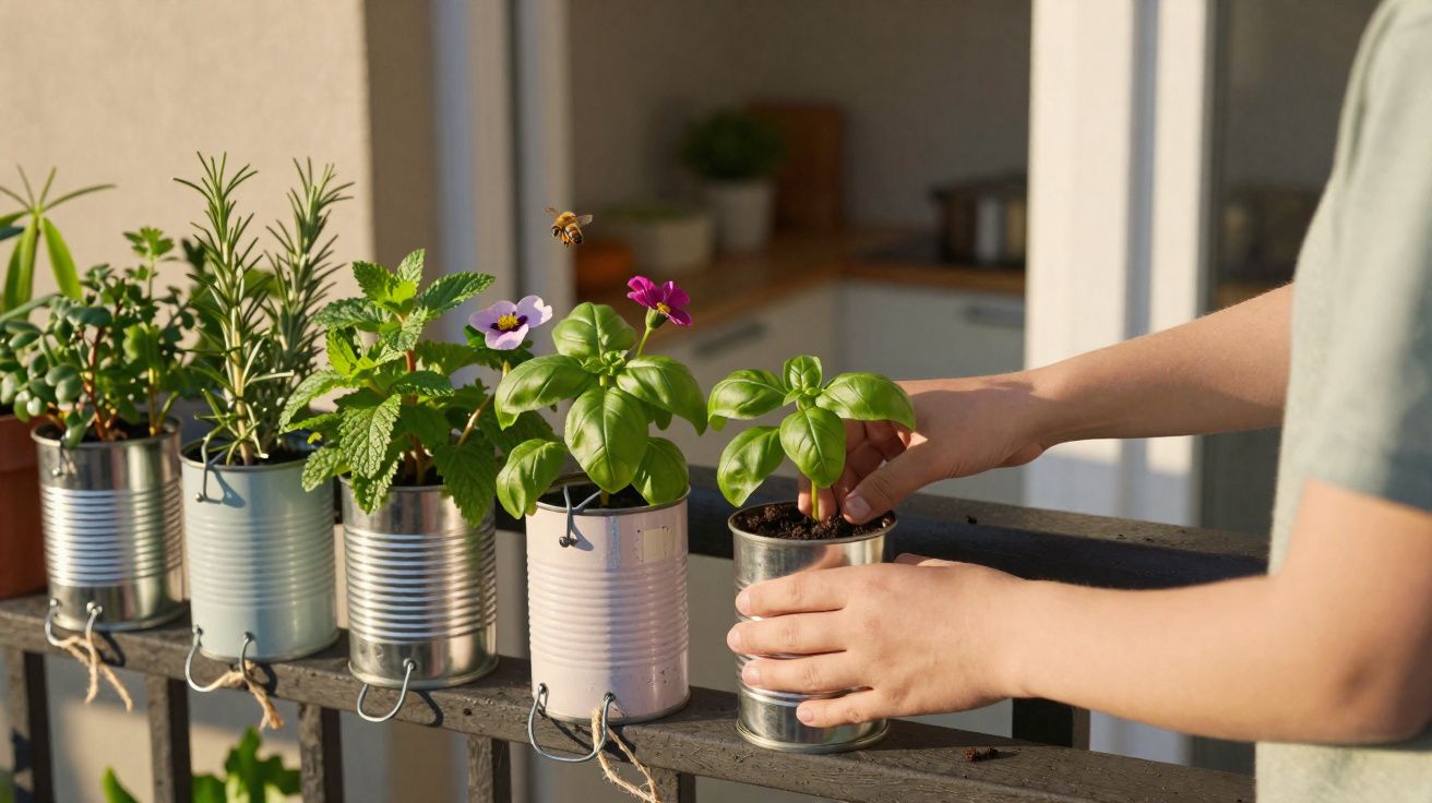 Iemand verzorgt kleine kruidenplantjes in blikjes op een balkonreling bij zonlicht.