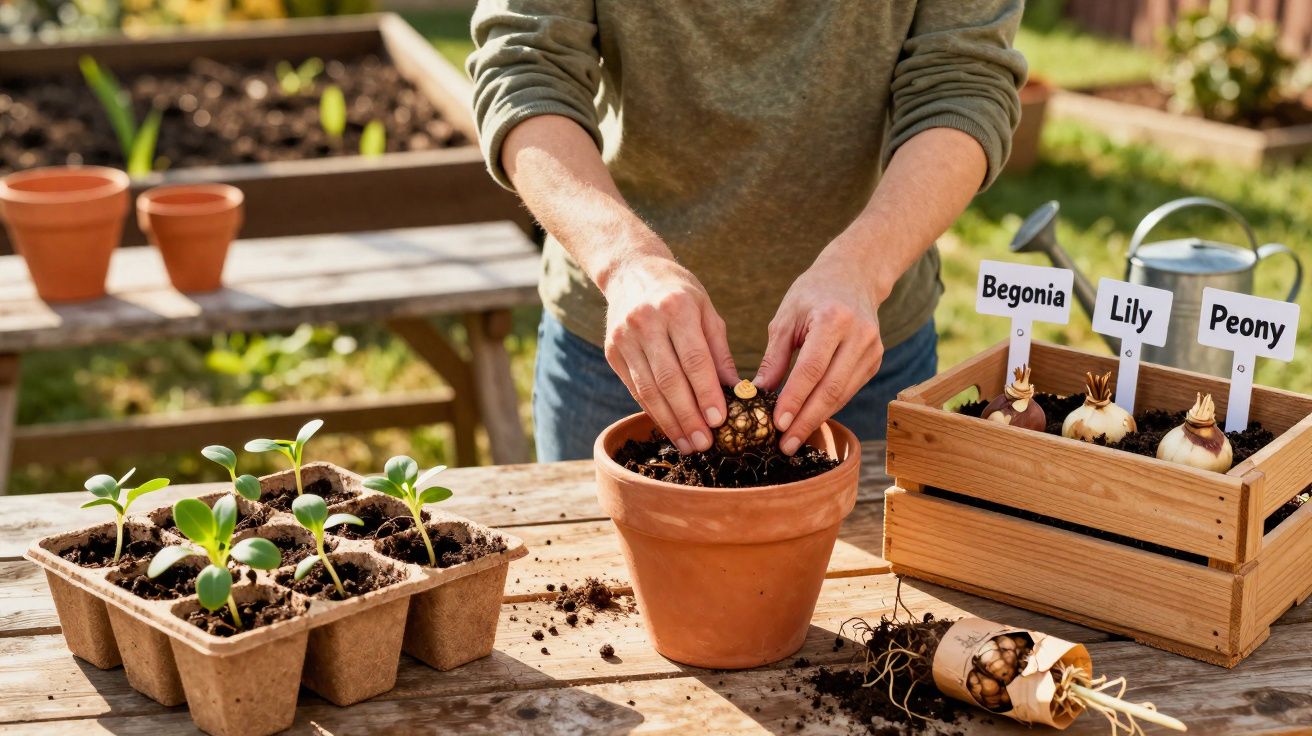 Iemand plant een bloembol in een bloempot met andere planten en houten labeltjes op een tuintafel.